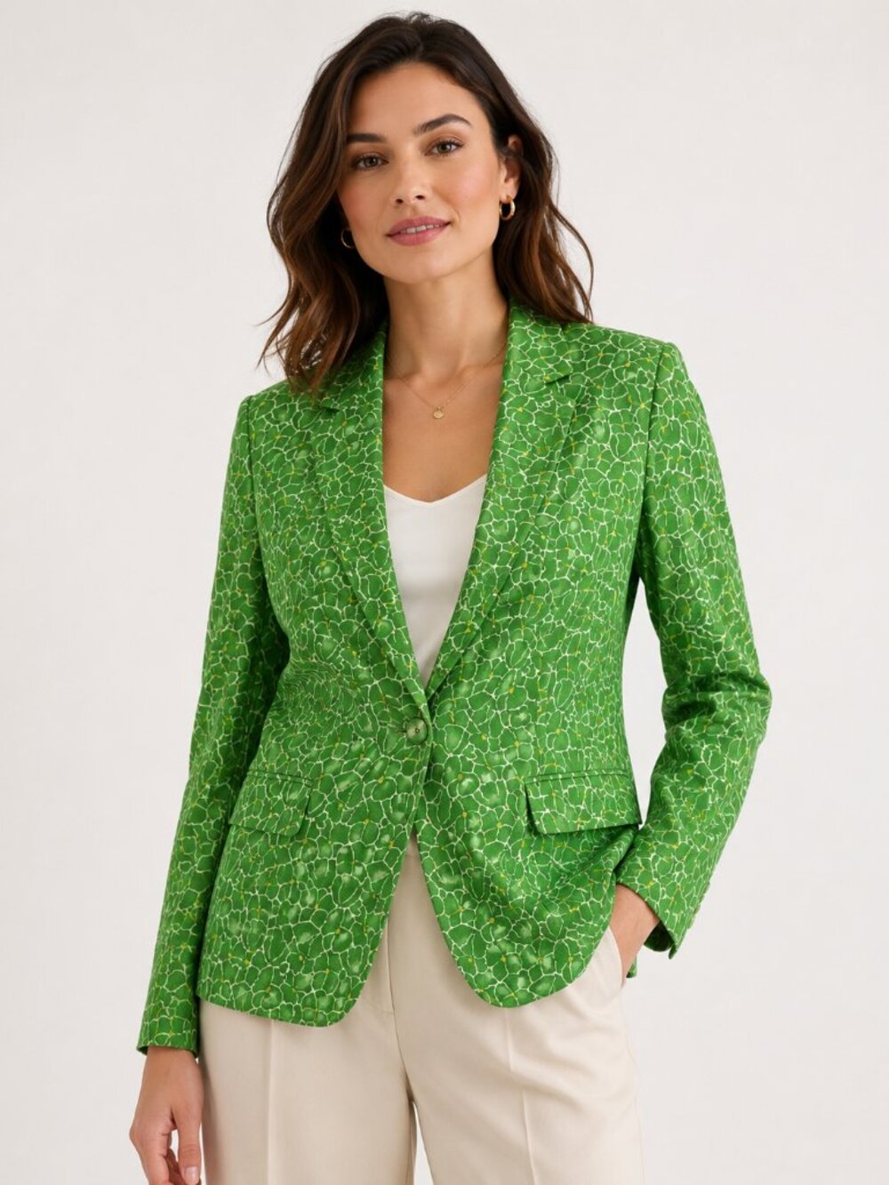Talbots Woman 1X Green Floral Cotton Blend Blazer Jacket One Button Spring
